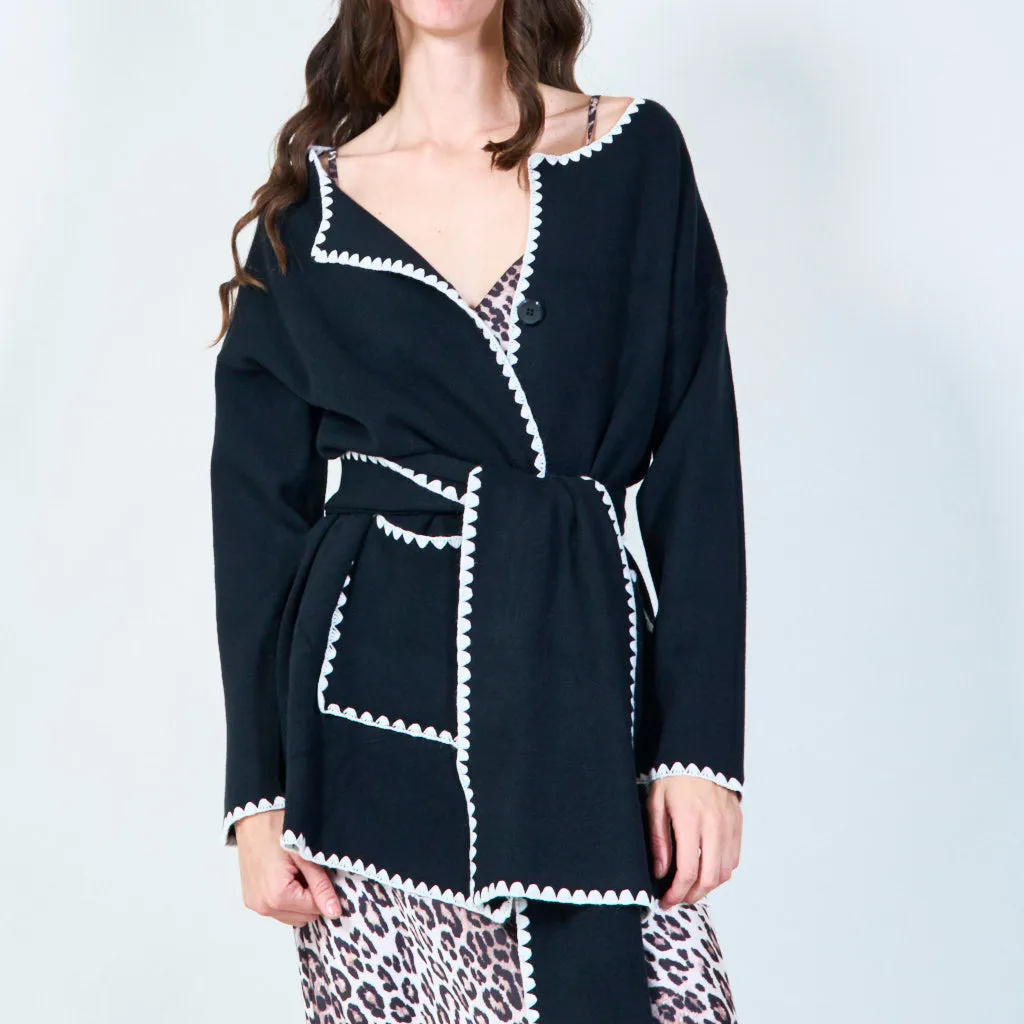 Contrast trim knit cardigan with scarf wholesale