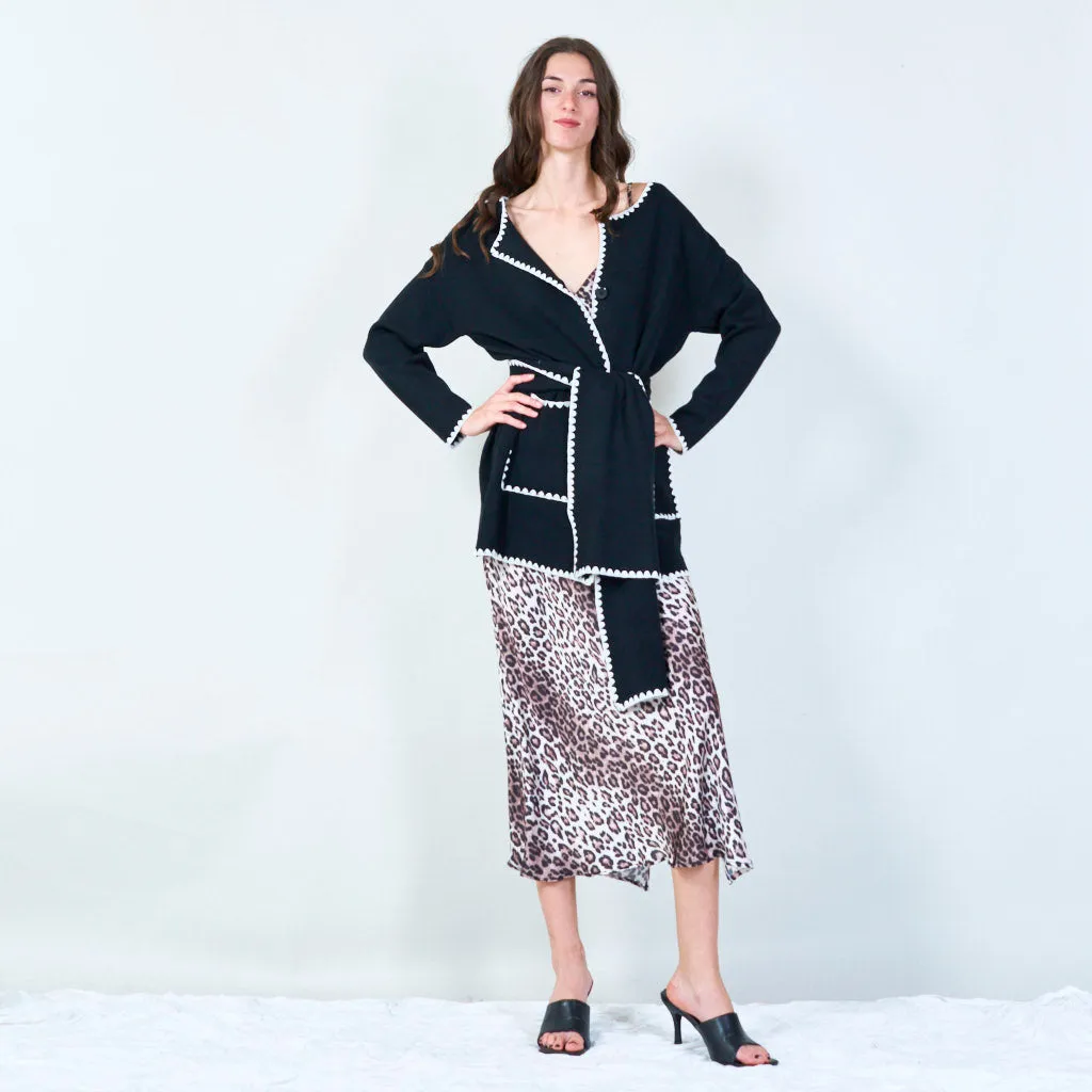 Contrast trim knit cardigan with scarf wholesale
