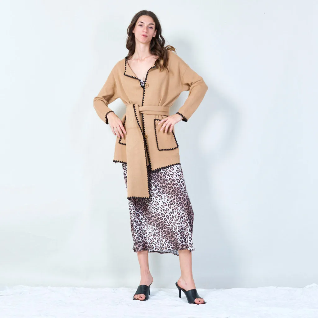 Contrast trim knit cardigan with scarf wholesale