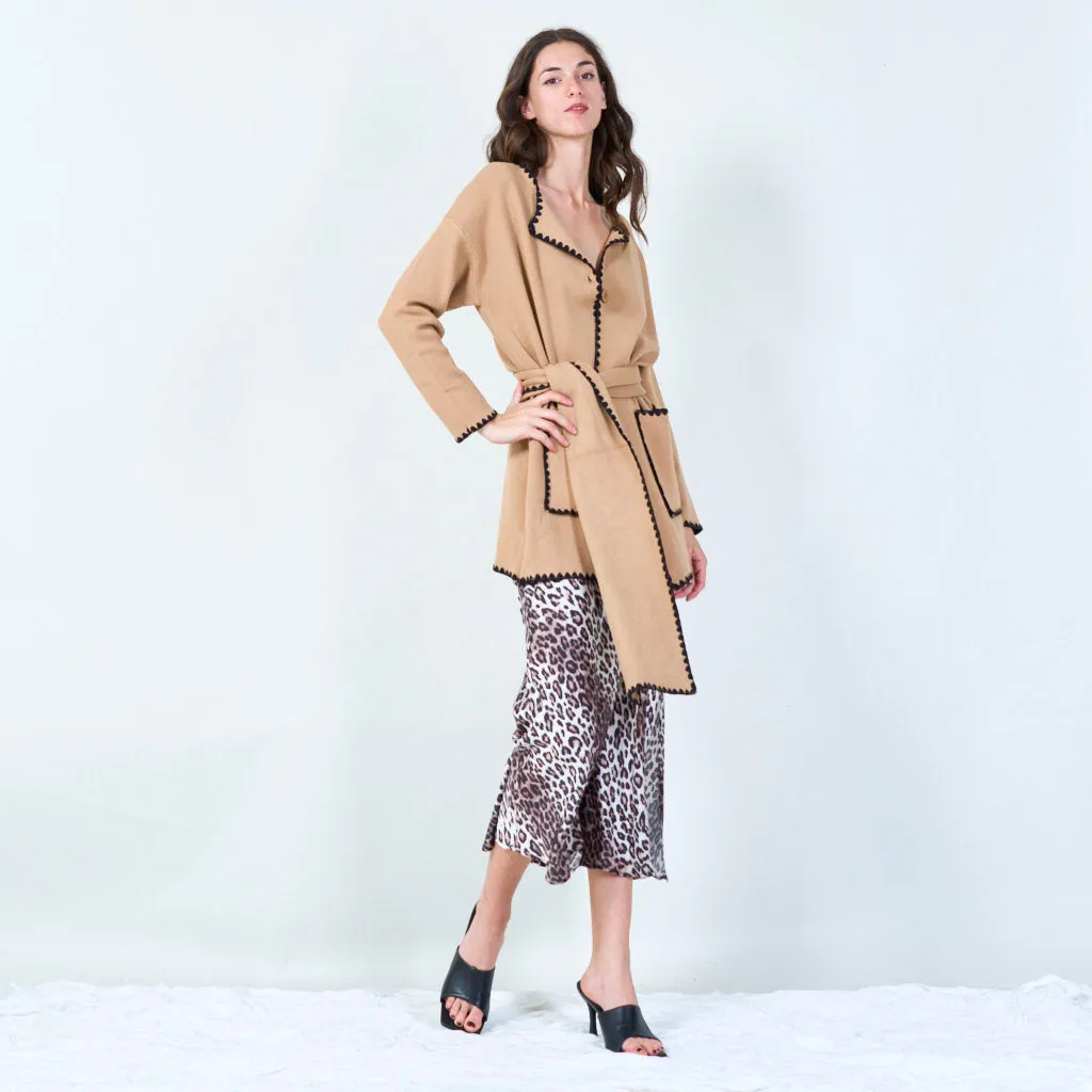 Contrast trim knit cardigan with scarf wholesale