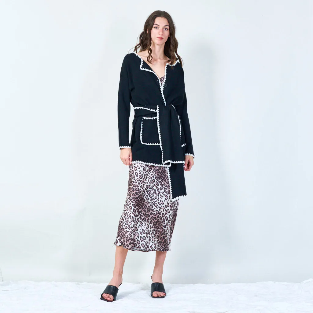 Contrast trim knit cardigan with scarf wholesale