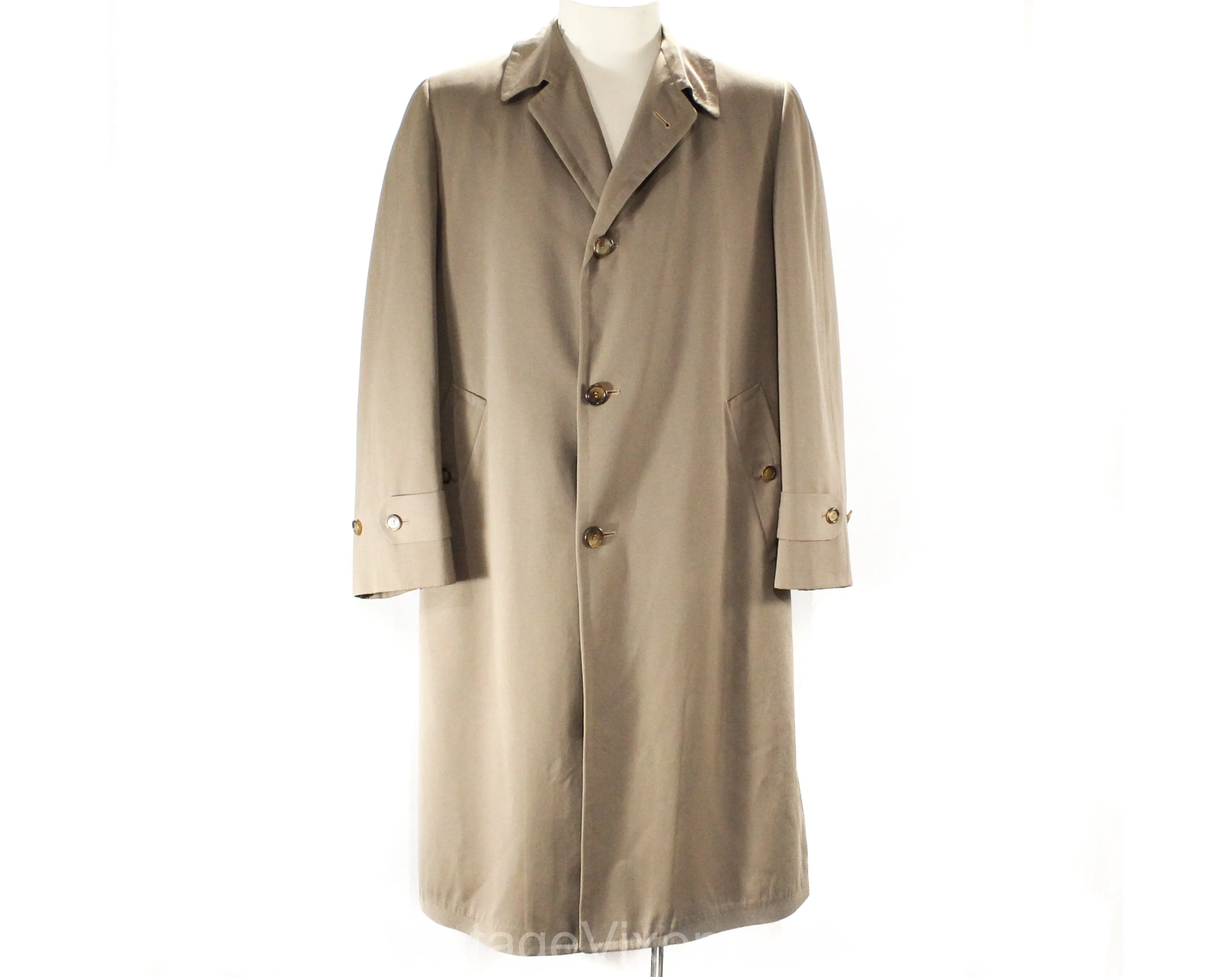 Mens Large 1940s Gabardine Coat - Exceptional 40s 50s Tan Wool Overcoat Outerwear - Convertible Flyer Label - Detachable Lining - Chest 44