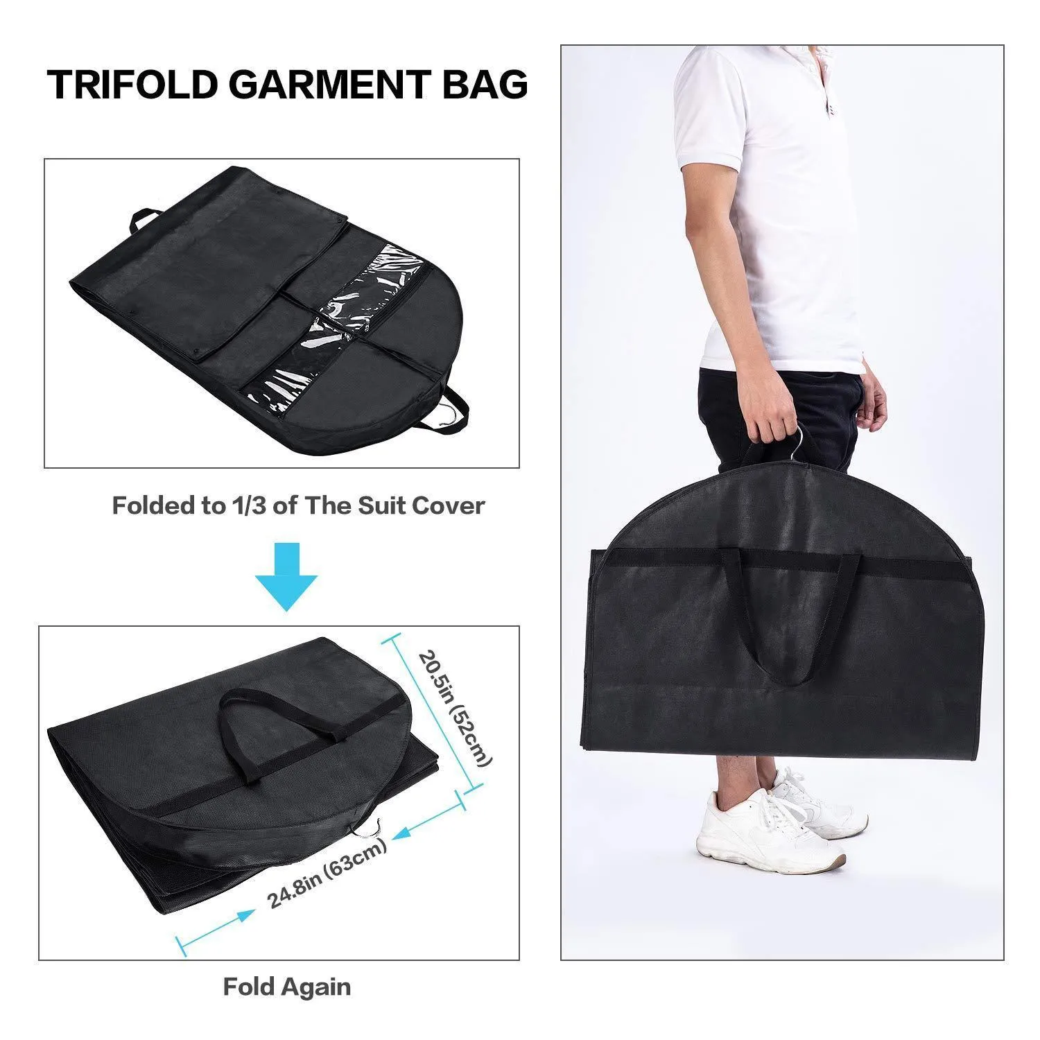Wanapure 60"/54"/43" Garment Bags, 3 in 1 Suit Bag with 2 Large Mesh Shoe Pockets and Accessories Pocket, Trifold Suit Cover for Dress, Coat, Jacket, Closet Storage or Travel, Set of 2, Black