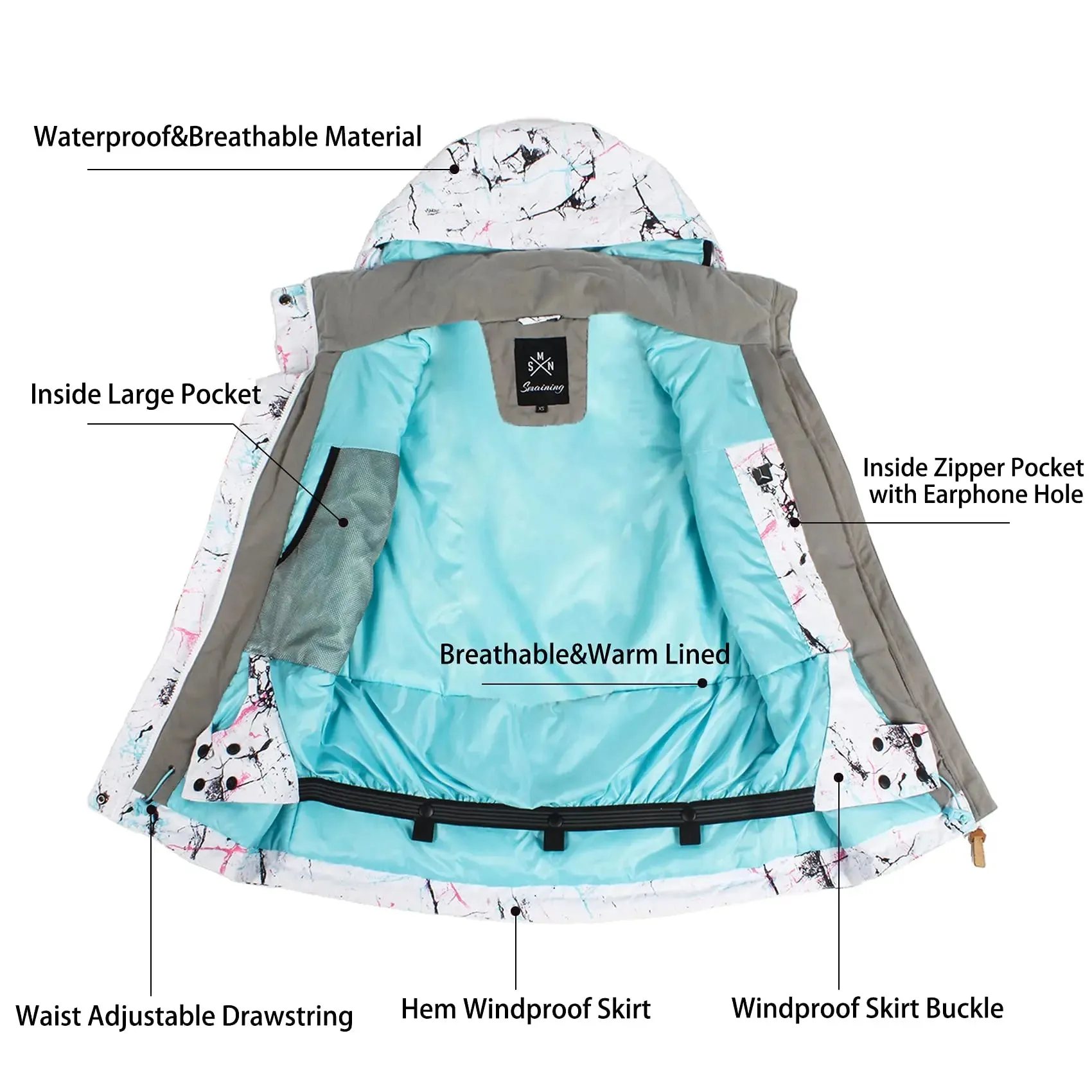 Women's Detachable Hat Ski Jacket and Pants Set